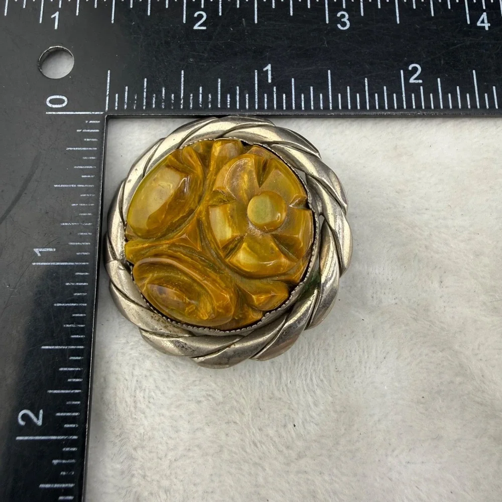 Vintage Bakelite Brooch Carved Green Silver Tone Flower